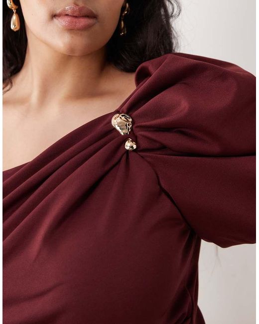 ASOS Red Asos Design Curve Trim Detail Fallen Shoulder Puff Sleeve Midi Dress