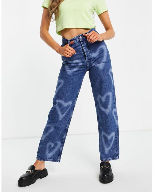 TOPSHOP Oversized Mom Jeans With Bleached Hearts in Blue | Lyst