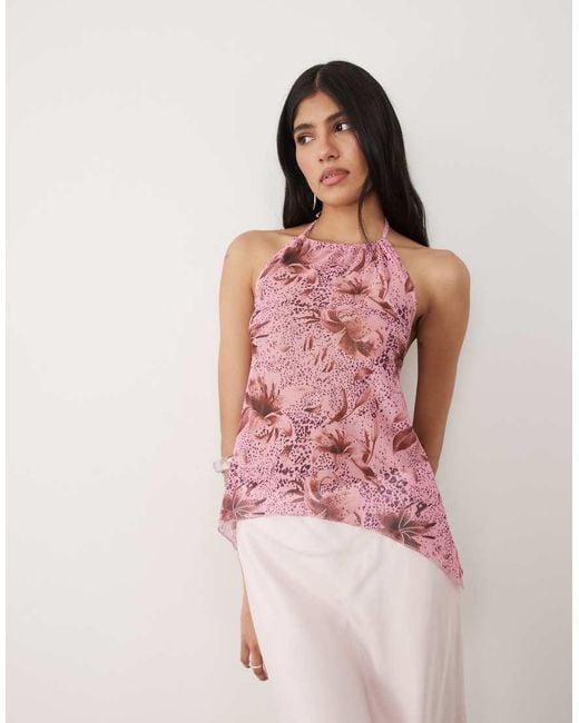 Motel Pink Orseha Halter Animal Print Top