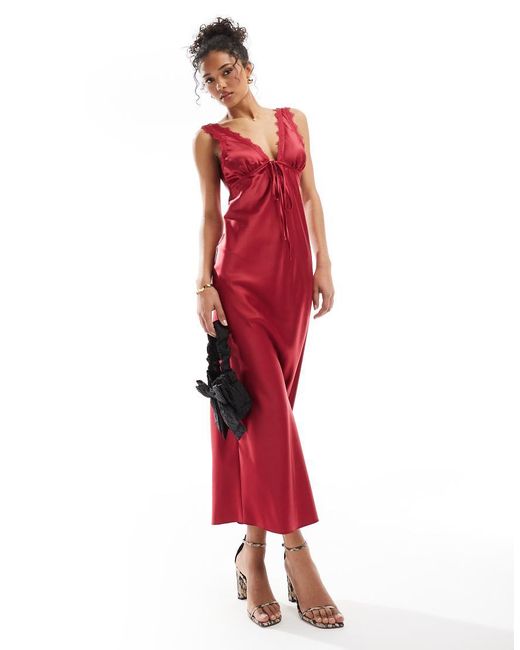 open lace back dress Zapaka Women Strapless Lace Prom Dress Red Sheath Satin Slit Long Party Dress, Red / US8