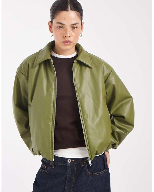 Pieces Green Faux Leather Padded Bomber Jacket