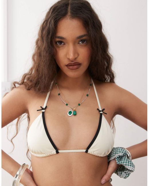 Lioness Natural Gisele Bow Detail Contrast Trim Halterneck Triangle Bikini Top