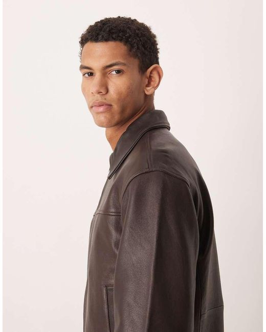 SELECTED Brown Leather Zip Jacket for men