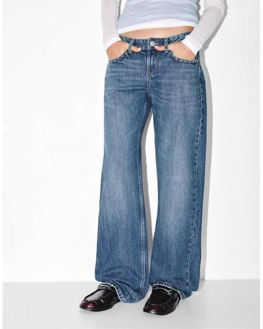 Pull&Bear Blue Leopard Print Straight-leg Jeans With Stud And Star Details