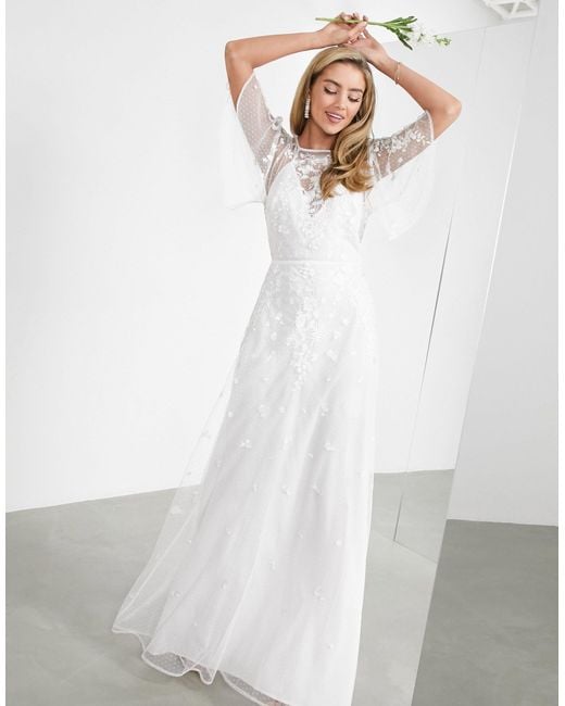 ASOS White Annie Floral Embroidered Flutter Sleeve Wedding Dress