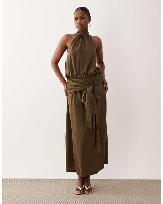 ASOS Natural Linen Look Halter Neck Bubble Hem Maxi Dress