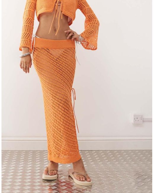 Noisy May Orange Side Split Tie Detail Crochet Maxi Skirt