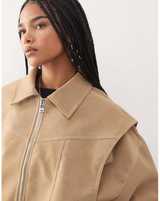 Lioness Natural Exclusive Vista Leather Look Contrast Stitch Bomber Jacket