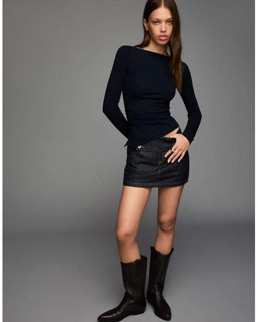 Bershka Blue Long Sleeve Asymmetric T-shirt
