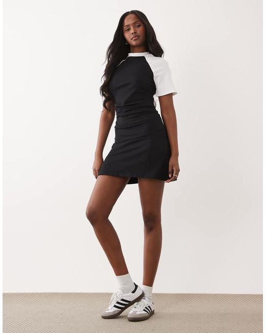 ASOS Natural Cinched Waist Mini Dress With Mono Colour Block Sleeves