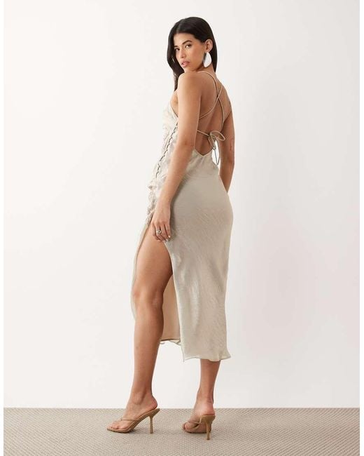 ASOS Natural Crinkle Satin Scoop Neck Cami Midi Dress With Floral Embellishment