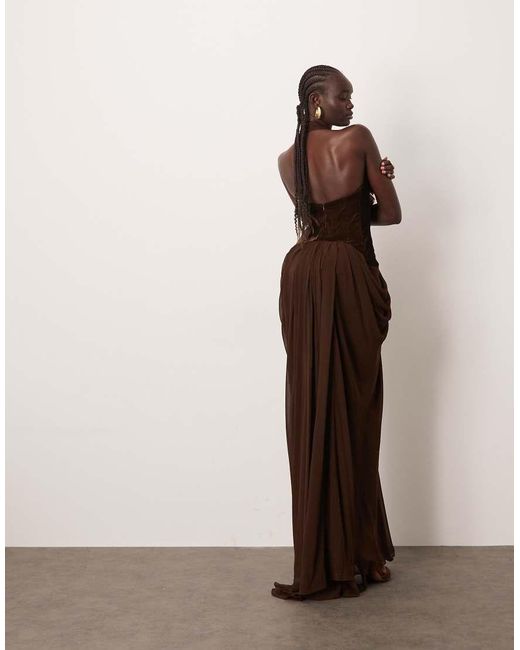ARRANGE Brown Velvet Plunge Halter Cinch Waist Maxi Dress With Train