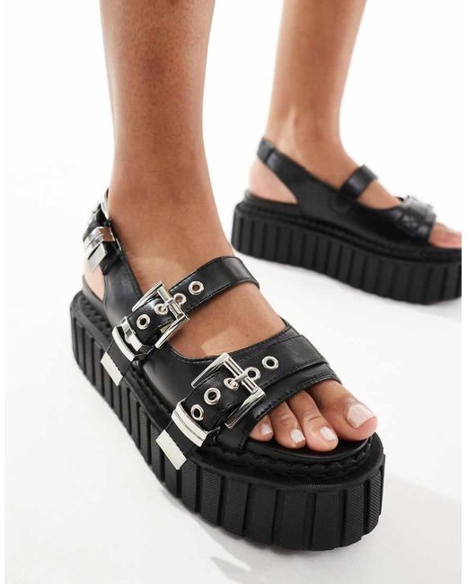 Lamoda Black Work Flatform Slingback Buckle Sandal