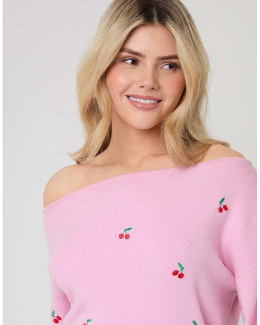 Threadbare Pink Cherry Embroidery Slash Neck Jumper