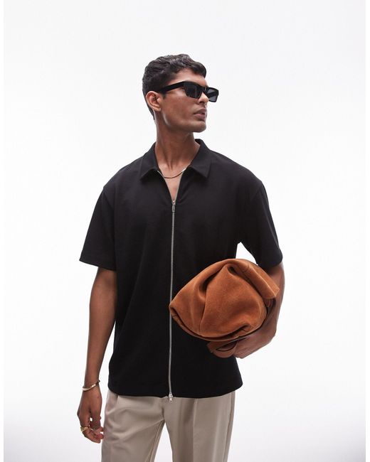 Topman Black Oversized Fit Zip Through Jersey Polo for men