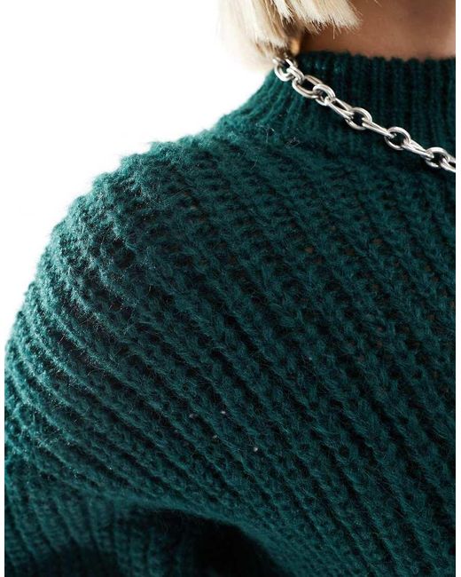 Monki Green High Neck Chunky Rib Knitted Jumper With Volume Sleeve