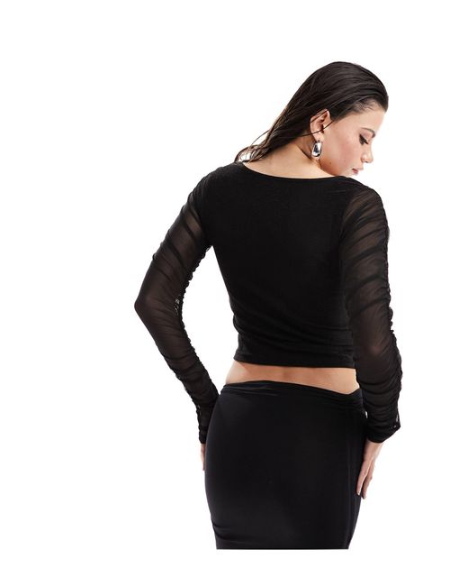 Noisy May Black Mesh Ruched Sleeve Top