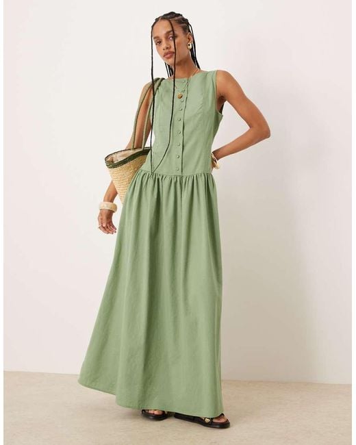 ASOS Green Slash Neck Button Down Dropped Waist Maxi Dress