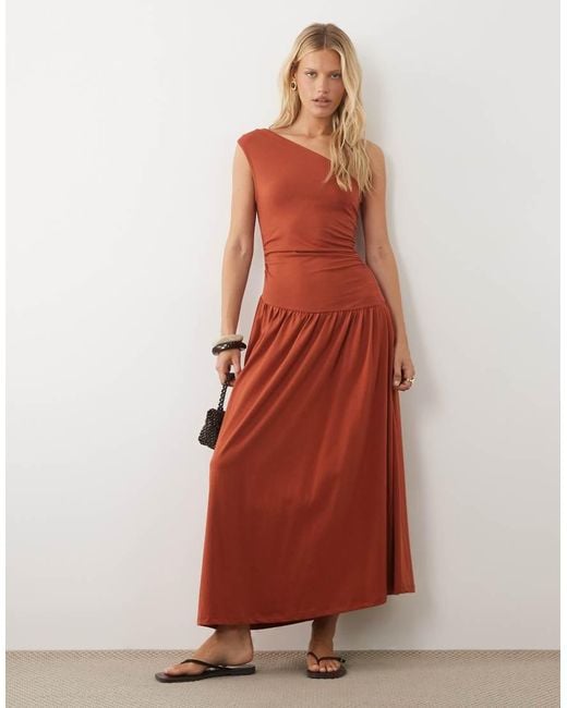ASOS Brown Ruched One Shoulder Dropped Waist Maxi Dress