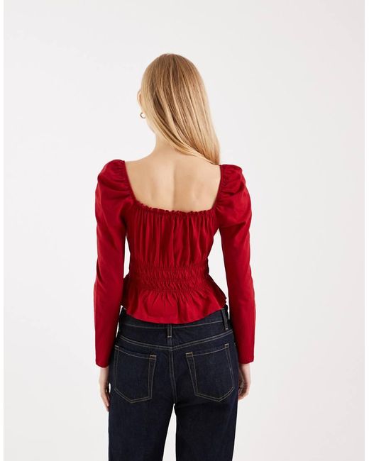 Miss Selfridge Red Long Sleeve Milkmaid Top