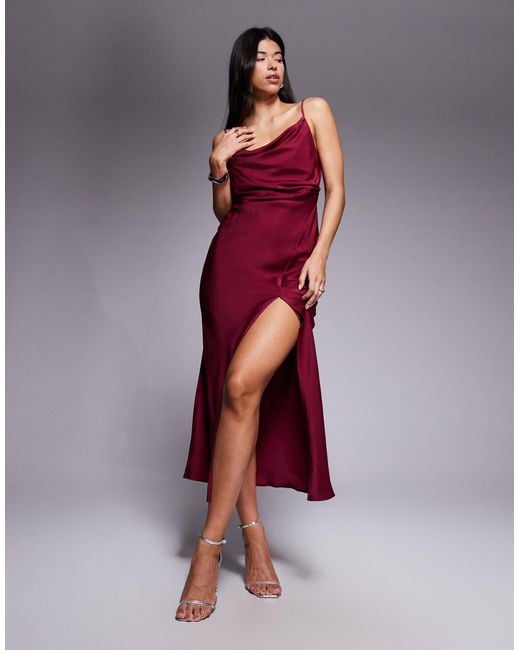 ASOS Red Satin Drape Ruffle Detail Midi Dress With Asymmetric Back
