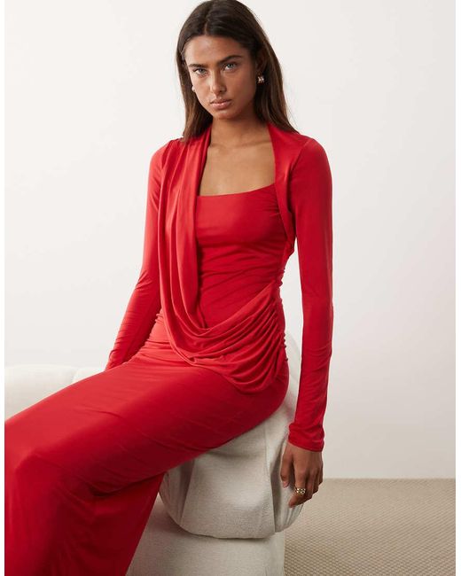 ASOS Red Slinky Square Neck Maxi Dress With Asymmetric Drape Detail