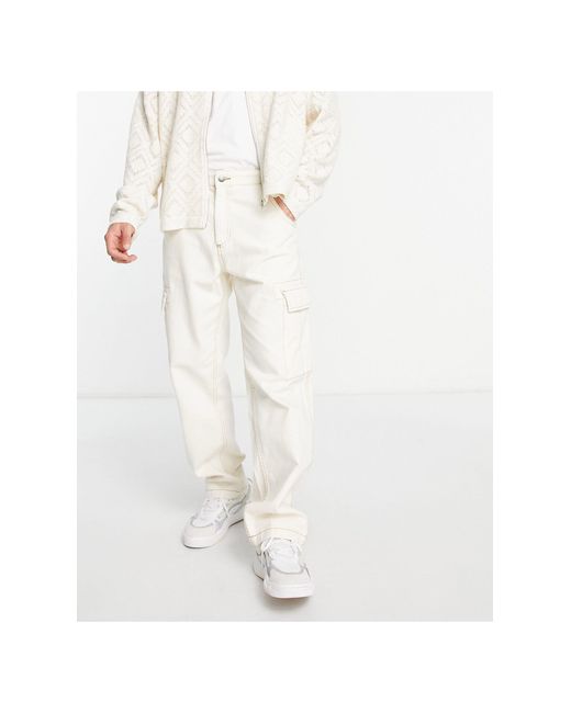 Bershka Cotton Contrast Stitch Wide Fit Cargo Pants in White for Men