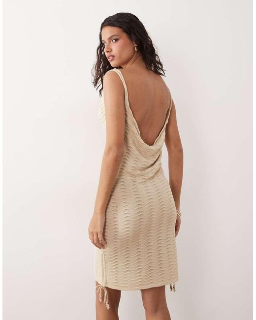 Miss Selfridge Natural Textured Glitter Knit Ruched Cowl Neck Mini Dress