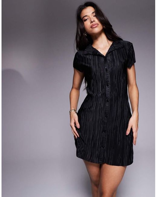 ASOS Black Plisse Short Sleeve Button Down Mini Dress