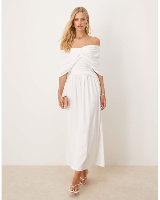 SNDY'S Natural Bandeau Drape Shoulder Detail Drop Waist Maxi Dress