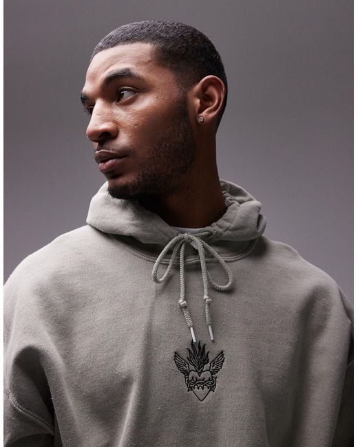 Topman Gray Oversized Fit Hoodie With Heart Tattoo Embroidery for men