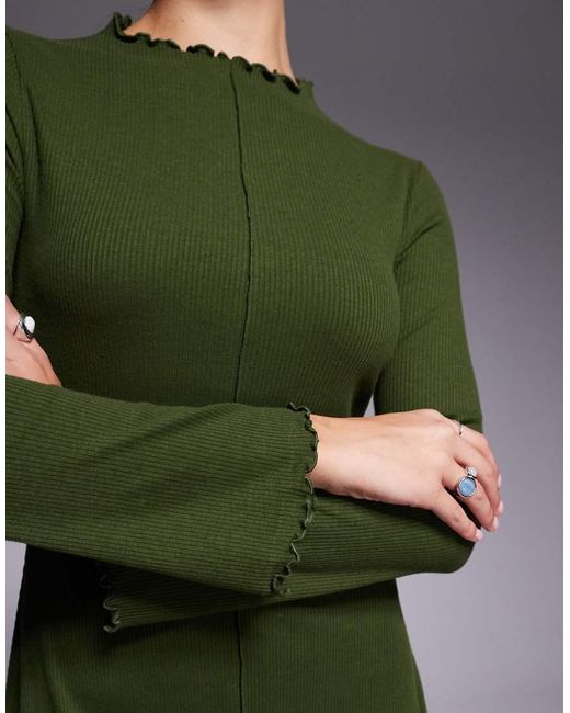 ASOS Green Ribbed Long Sleeve Lettuce Hem Mini Dress
