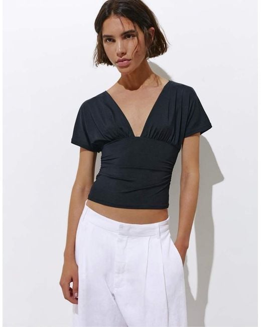 Pull&Bear Blue Gathered V-Neck Top