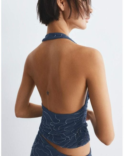 Pull&Bear Blue Beaded Tulle Halter Top