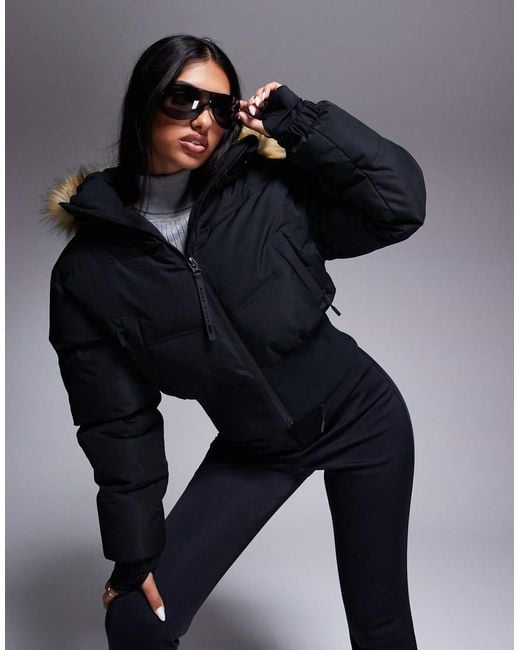 ASOS 4505 Ski & Snow Blue 4505 Ski Cropped Insulated Ski Bomber Jacket With Faux Fur Hood