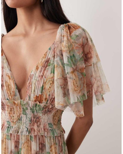 LACE & BEADS Natural Tulle Flutter Sleeve Tiered Maxi Dress