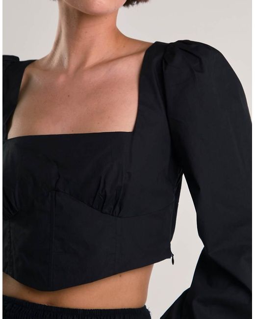 NARRATED Black Long-Puff-Sleeve-Tie-Detail Crop-Top