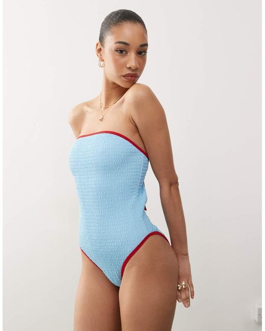 Reclaimed (vintage) Blue Bandeau Swimsuit With Shirring