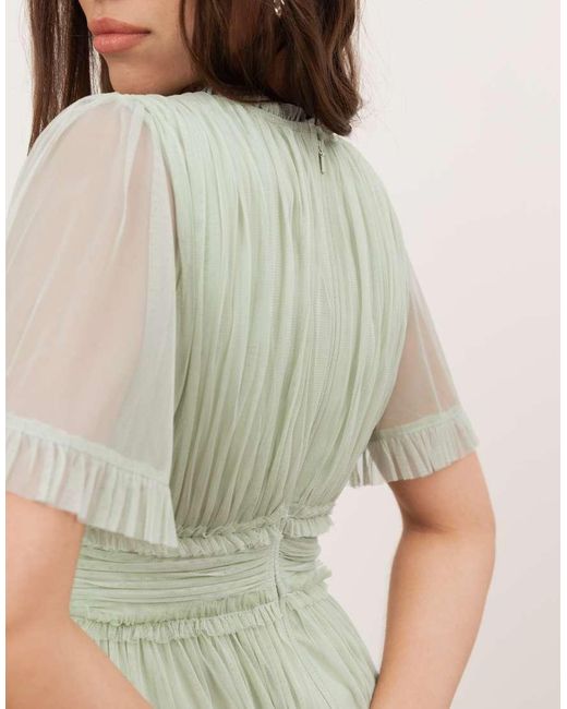 ANAYA Green V Neck Ruffle Tulle Maxi Dress