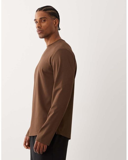 4505 Brown Running Quick Dry Performance Waffle Knit Long Sleeve Top With Curved Hem for men
