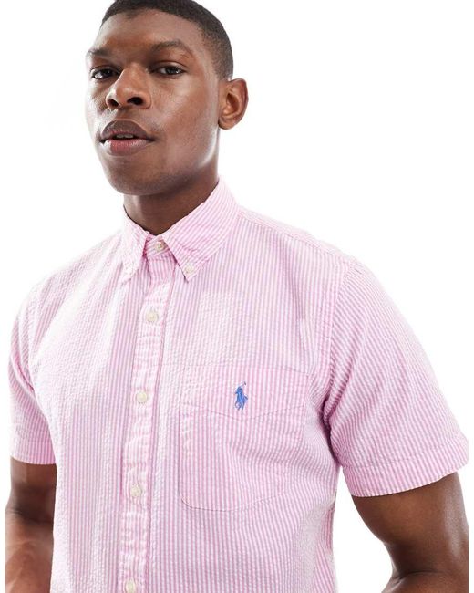 Polo Ralph Lauren Purple Short Sleeve Icon Logo Seersucker Stripe Shirt Custom Fit for men