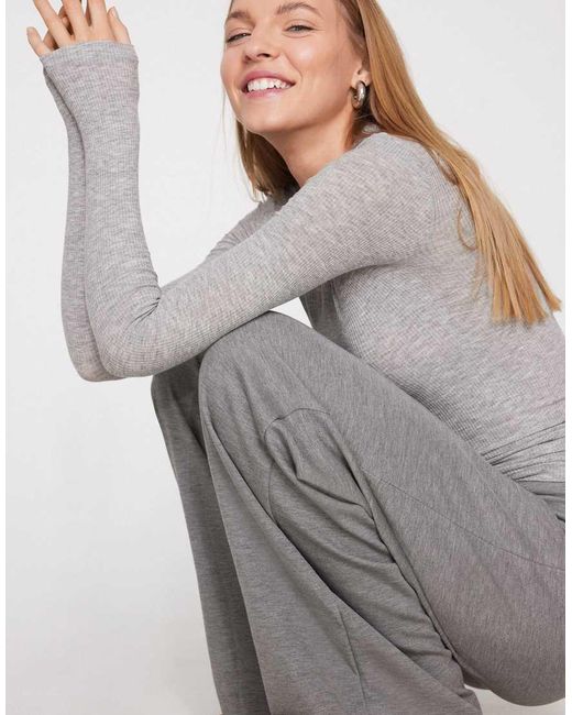 Tezenis Gray Long Sleeve Round Neck Ribbed Top