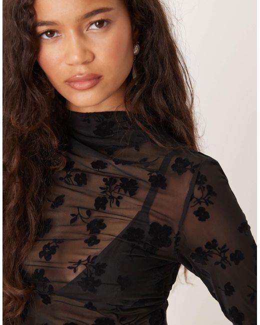 ASOS Black Flock Floral Sheer High Neck Gathered Top With Long Sleeve