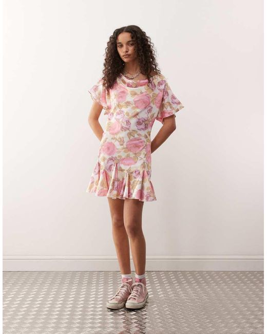 Reclaimed Vintage Pink Mini Dress Cowl Neck Dress With Drop Waist Detail