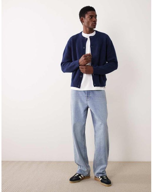 ASOS Blue Oversized Knit Fisherman Rib Wool Blend Crew Neck Cardigan for men