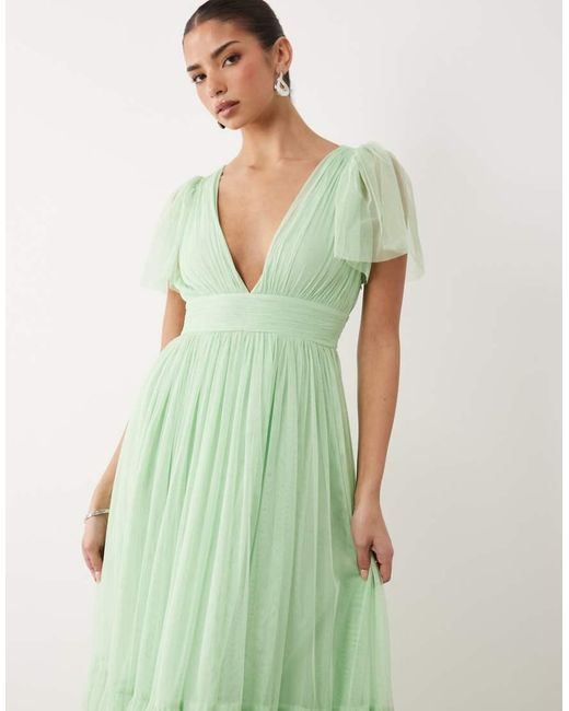 LACE & BEADS Green Bridesmaid Madison Smocked Flutter Sleeve Tiered Maxi Dress