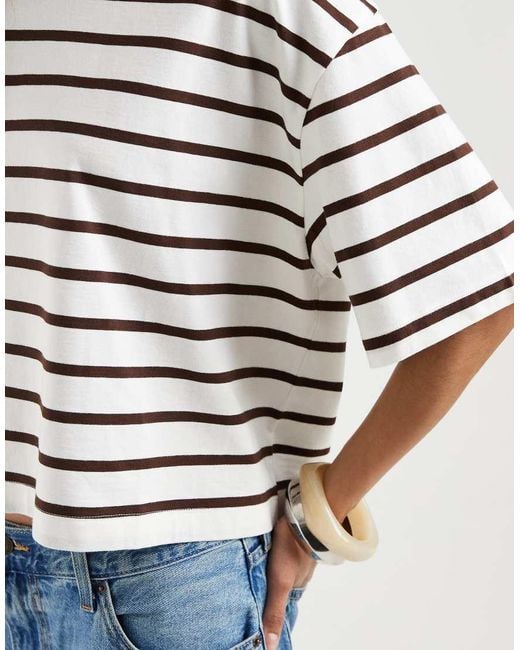 ASOS White Boxy Cropped T-shirt Choc & Cream Stripe