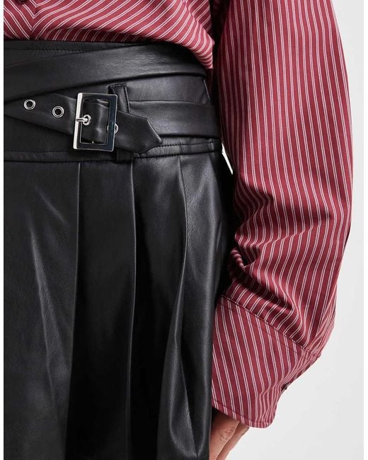Miss Selfridge Red Faux Leather Pleated Kilt With Buckle