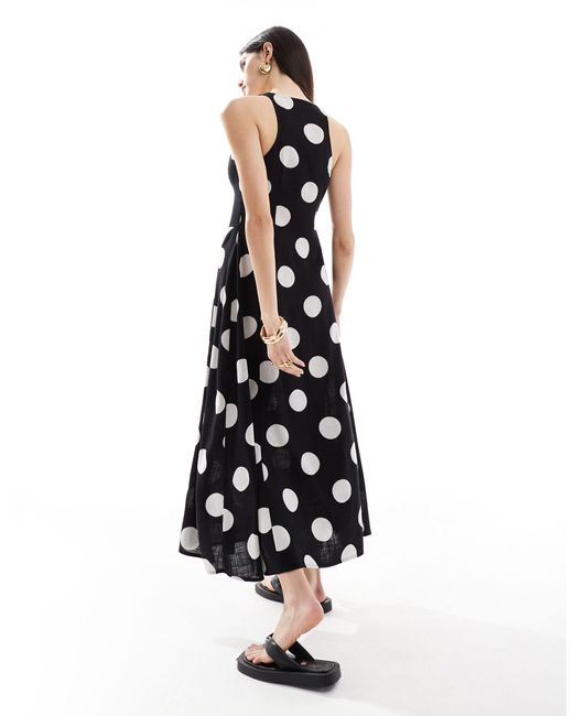 ASOS White Button Down Linen Midi Dress With Full Skirt Spot Print