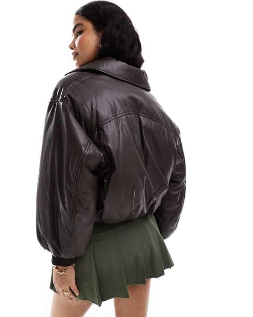 Stradivarius Black Str Cropped Faux Leather Puffer Jacket